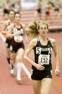 Adria Malcolm| WAC Hannah Kiser leads the pack in the 3,000-meter race Saturday at the WAC Indoor Track and Field Championships in Albuquerque, N.M. Kiser went on to finish ahead of all competitors in the 3,000, a race she has now won three consecutive times.