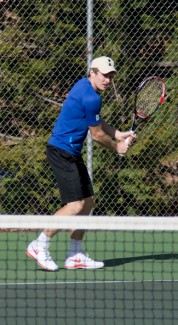 Abi Stomberg | Argonaut Dmitry Perevoshchikov returns a ball from the baseline Thursday at the Memorial Gym tennis courts. Perevoshchikov and the Vandals will play at home for the first time this season, when they host New Mexico State at 3:30 p.m. Friday permitting weather. If weather doesn't allow Idaho to play outdoors, the match will be played on the Washington State University campus at 4 p.m.