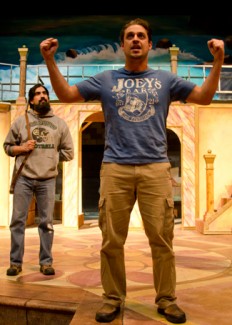 Travis Gray, as Orsino, and Lee Young, as Valentine, rehearse for William Shakespeare's