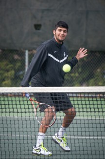 Philip Vukelich | Argonaut Vandal sophomore Cristobal Ramos Salazar volleys during practice Monday on the Memorial Gym tennis courts. The Vandals were one singles match away from defeating No. 39 BYU Friday in Spokane, when they lost 4-3. 