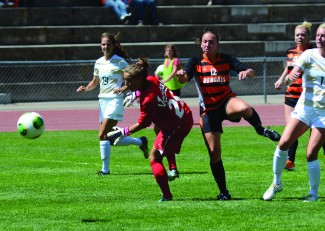 Julie Hillebrant | Courtesy Vandal goalkeeper, Marina Siegl, defends a shot from Idaho State Bengal foward Jessica Sanchez during Sunday's game at Idaho State University. The Vandal lost 2-0.