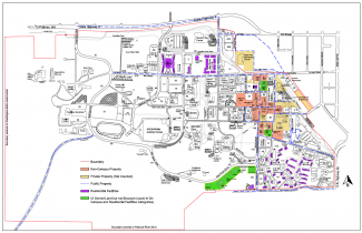 A map of campus outlining what areas are reported on under the Clery Act.