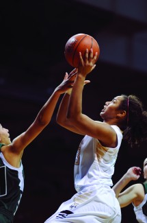 Philip Vukelich | Argonaut Sophomore post Ali Forde attempts a layup during the second half of the Vandals' 69-61 win against Utah Valley Saturday in the Cowan Spectrum.