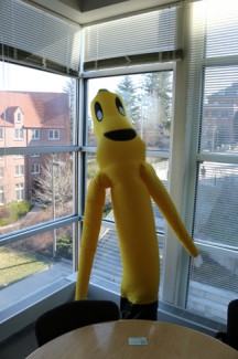 Parker Wilson | Argonaut Gerald is a bright yellow waving air dancer who began his trek throughout the UI campus in Dean of Students Bruce Pitman's office Monday. Gerald can be sent to any office on the UI campus for $20. The proceeds go to the Make-A-Wish foundation.