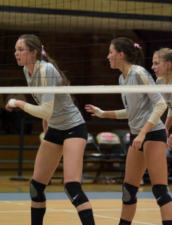 George Wood Jr. | Argonaut Alyssa Schultz receives a reassuring 'good game' pat from teammate Meredith Coba in the second set of the game against Montana State University.