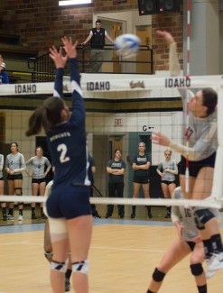 George Wood Jr. | Argonaut Becca Mau slams a spike into the opposition in the second set of the Montana State University game last Friday.
