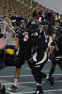 Jose Bendeck | Argonaut Joshua McCain and Quarterback Matt Linehan celebrating a touchdown during senior day game.
