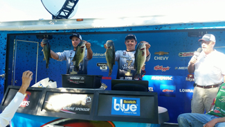 Austin Turpin | Courtesy Photo Freshman Austin Turpin, right, and sophomore Tanner Mort hold up their first-place winning large mouth bass at the FLW championships in Clear Lake, California. The duo placed in two fall tournaments as part of the Idaho Bass Anglers fishing club.
