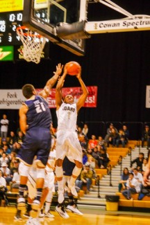 Sophomore guard Perrion Callandret attempts a shot aganist UC Davis Saturday. Idaho fell to Western Illinois 78-75 Thursday at Macomb, Illinois.