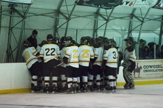 The Idaho men's club hockey team huddles during its game against Washington State Saturday at the Palouse Ice Rink. The Vandals beat the Cougars 12-6 three days after the Idaho men's basketball team beat Washington State in Pullman.