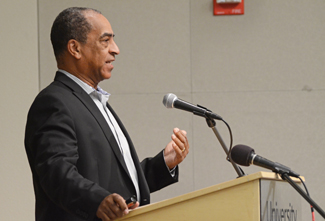 Nathan Romans | Argonaut Bob Butler, a reporter for KCBS Radio in San Francisco and president of the National Association of Black Journalists, delivers the keynote speech Thursday in the Clearwater/Whiterwater room to kick off the Martin Luther King Jr. Day events on the University of Idaho Campus.