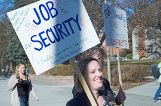 Nathan Romans | Argonaut Contingent faculty marches from the Commons Rotunda, where they held a "grade-in," to the office of CLASS Dean Andrew Kersten's in protest of adjunct faculty's rights at 2 p.m. Wednesday.