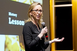 Nathan Romans | Argonaut CAMPUSPEAK presenter Lori Hart speaks to greek housing leaders during the Risk Management Training event Monday in the Bruce Pitman Center Vandal Ballroom, formerly the Student Union Building.