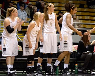 Amelia C. Warden | Argonaut Stacey Barr (left), Karlee Wilson (middle left), Brooke Reilly (middle right), and Ali Forde (right,  cheer from the sidelines during the second half of the game against Northern Arizona on Thursday night at the Cowan Spectrum. Idaho won 78-43.