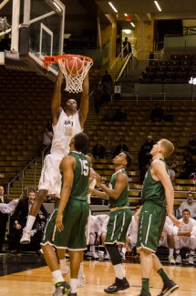 Junior forward Paulin Mpawe dunks on Portland State Feb. 12 in the Cowan Spectrum. The Vandals play Eastern Washington Thursday in the first round of the Big Sky Tournament.