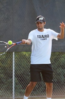 Senior Cristobal Ramos Salazar returns in a volley during practice Sept. 24, at the Memorial Gym tennis courts. Ramos Salazar is one of three Vandals being honored Saturday for Senior Day.