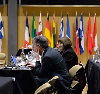 Amelia C. Warden | Argonaut President Chuck Staben (left) and Katherine Aiken (right) listen to tuition increase proposals of other Idaho colleges and universities during the Idaho State Board of Education meeting on Wednesday morning.
