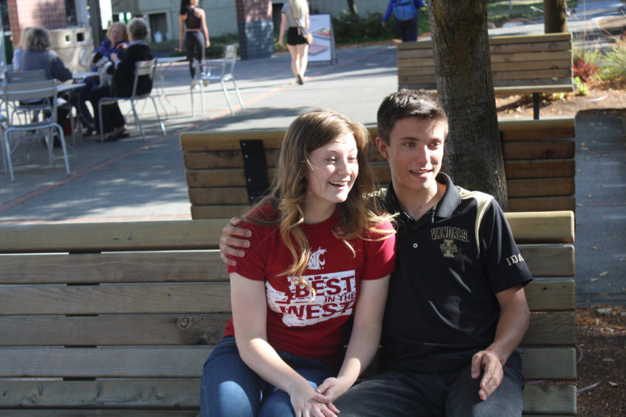 Diamond Koloski | Argonaut WSU PERSON laughs as her boyfriend VANDAL PERSON describes how his team will beat the Cougars this weekend. (need names from Corrin, probably a better caption too)
