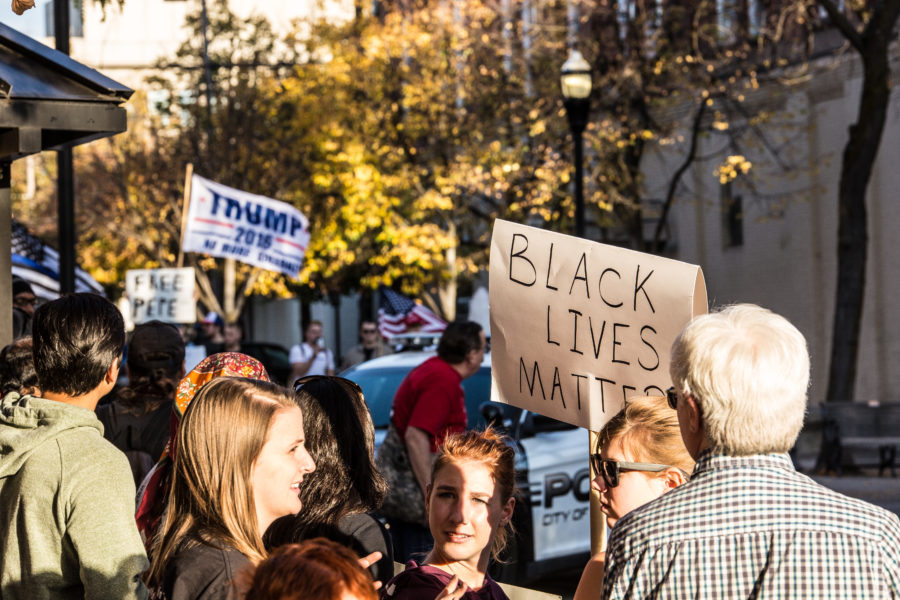 Nick Eastman-Pratt | Argonaut Black Lives Matter protesters assemble in Friendship Square, met by counter protesters bearing Trump flags, and Blue Lives Matter posters.