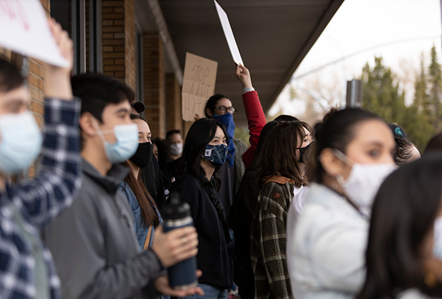 Stop Asian Hate attendees march through downtown Pullman Saturday. Daniel Ramirez | The Argonaut