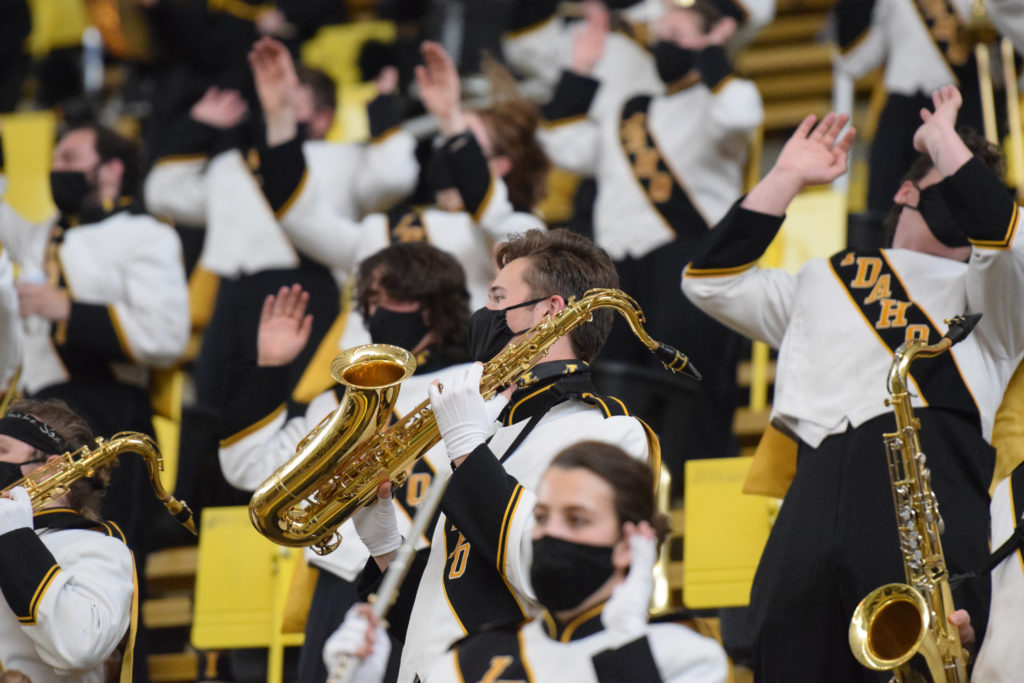 Members of the Idaho Marching band perform during the Simon Fraser game on Sept. 4 in the Kibbie Dome. Saydee Brass | Argonaut